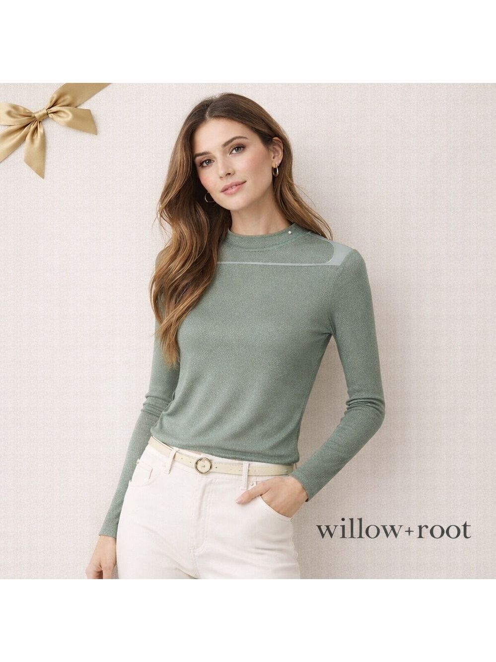 Willow + Root Sheer Pistachio Green Shimmery Metallic Long Sleeve Top XL